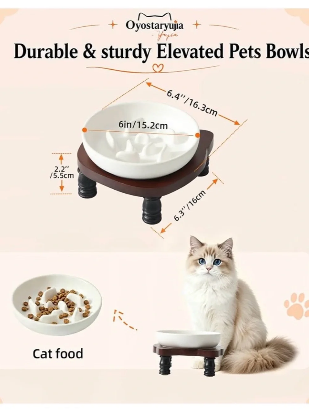 Slow-Feed Cat Bowl with Brown Cat-Shaped Wooden Stand - White Bowl